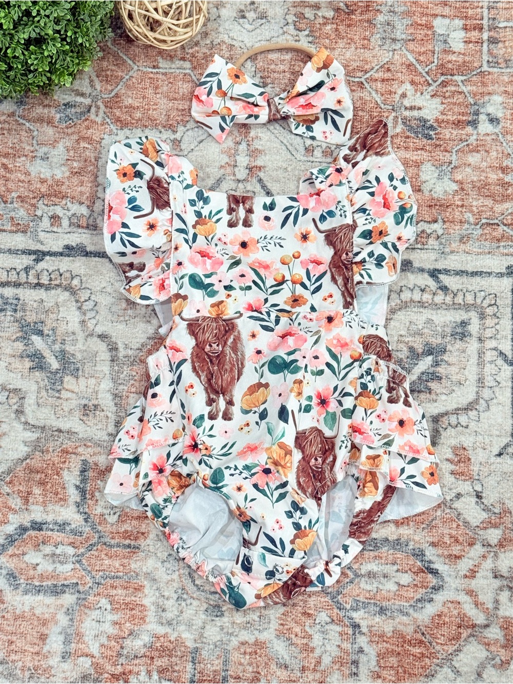 Kids Floral & Highland Cow One-Piece with Headband - White Pink Green